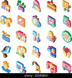 Set di icone isometriche web che illustrano hobby, affari, salute, istruzione e trasporti, rappresenta diversi aspetti della vita moderna e dell'atto quotidiano Illustrazione Vettoriale