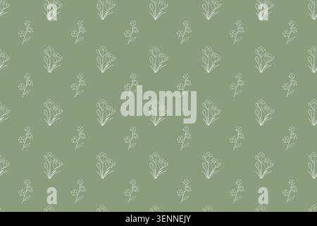 Motivo floreale senza cuciture con fiori alternati a tre petali e rametti di due piccoli fiori, linea bianca minimalista su sfondo verde tenue per Foto Stock