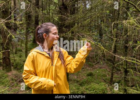 Giovane donna che esplora la foresta di muschi con l'impermeabile giallo Foto Stock