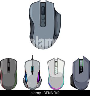 Set di mouse per computer da gioco che visualizza vari modelli con forme ergonomiche specifiche e luci LED colorate, per un'esperienza di gioco moderna Illustrazione Vettoriale