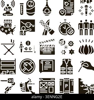 Raccolta di icone solide e diversificate che rappresentano vari concetti di business, intrattenimento, industria e tecnologia, illustrano le attività di Medita Illustrazione Vettoriale