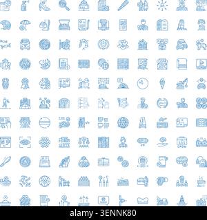 Ampia collezione di diverse icone blu disegnate a mano che rappresentano concetti di business, tecnologia, social, comunicazione, istruzione, medico e fi Illustrazione Vettoriale