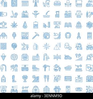 Icone artistiche con linee blu disegnate a mano che creano una grande collezione di simboli ed elementi concettuali diversi per vari settori e argomenti, tra cui il busi Illustrazione Vettoriale