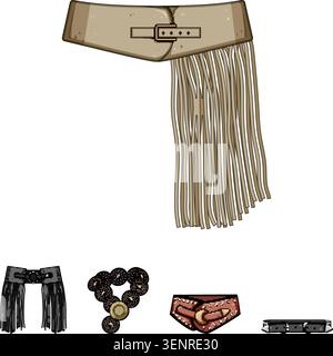 Ampia gamma di cinture accessori decorative classiche con frange, borchie e fibbie, in stile western, rock, ed eleganti modelli per abbigliamento de Illustrazione Vettoriale