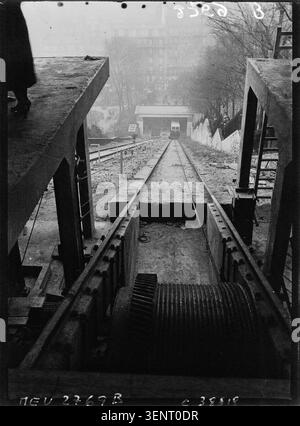 La funicolare di Montmartre appare in una fotografia del 1935 a Parigi. L'immagine registra la famosa installazione di trasporto collinare che collega la parte bassa di Montmartre con il quartiere sommitale durante gli anni tra le due guerre. Foto Stock