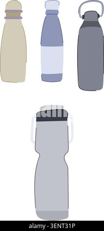 Flaconi riutilizzabili in acciaio inox che offrono un'opzione ecologica per l'idratazione quotidiana, riducendo i rifiuti di plastica monouso e rispettando l'ambiente Illustrazione Vettoriale