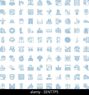 Ampia griglia che mostra una raccolta diversificata di icone e simboli blu disegnati a mano, che rappresentano i concetti di business, tecnologia, stile di vita, Illustrazione Vettoriale