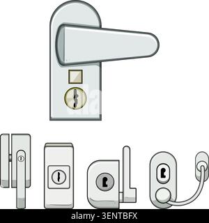Collezione di serrature per finestre e porte, maniglie e meccanismi di fissaggio che mostrano vari design per la sicurezza della casa e degli appartamenti, la sicurezza, la privacy e la formica Illustrazione Vettoriale