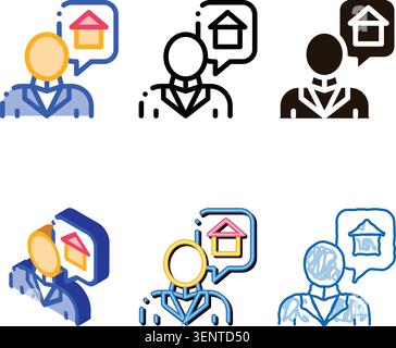 Character Man Thinking Dream Buy House Vector Icon linea sottile. L'uomo d'affari Dreaming Want sale o affitto multipack di appartamenti Casa Linear Pictogra Illustrazione Vettoriale