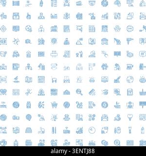 Ampia collezione di icone con linee blu disegnate a mano che coprono aziende, tecnologia, finanza, vendita al dettaglio, sicurezza, salute e comunicazione Illustrazione Vettoriale