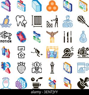 Assortimento di diverse icone isometriche che illustrano vari concetti, tra cui finanza, costruzione, salute, rilassamento, comunicazione, e la vita quotidiana Illustrazione Vettoriale