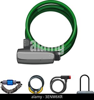 Le serrature accessorie per biciclette forniscono sicurezza e protezione affidabile per le biciclette, tra cui serrature per cavi, serrature a catena e serrature a U, per garantire la sicurezza aga Illustrazione Vettoriale