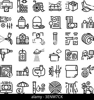 Raccolta di pittogrammi concettuali che illustrano vari temi tra cui tecnologia, salute, sicurezza, industria, viaggi, e finanza, presentata come una Illustrazione Vettoriale