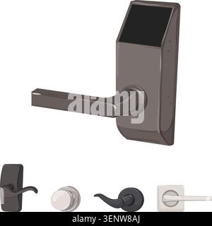 Collezione di varie maniglie delle portiere e di un moderno meccanismo di chiusura con chiave a scheda che offre soluzioni di sicurezza e ingresso per diverse aree residenziali e commerciali Illustrazione Vettoriale
