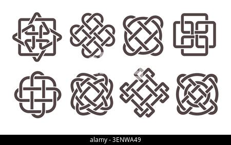 La gente celtica annoda infiniti nodi. Elementi ornamentali etnici, motivo nordico, motivi tribali irlandesi, scozzesi in stile minimal, tradizioni medievali, motivi blac Illustrazione Vettoriale