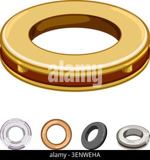 Anelli di tenuta e rondelle in metallo in varie finiture metalliche come oro, argento, bronzo e grigio scuro per rinforzare i fori in tessuto, tela, carta o le Illustrazione Vettoriale