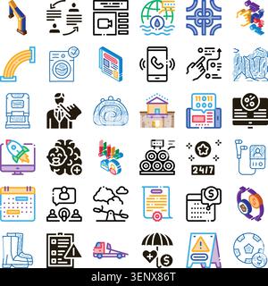 Collezione di icone isometriche di line art che rappresentano concetti di business, tecnologia, finanza, sanità, ingegneria e servizi per aziende digitali Illustrazione Vettoriale