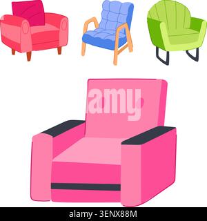 Collezione di poltrone dal design moderno in colori vivaci, che offrono diverse opzioni di posti a sedere per mobili di casa, interni di design e comode poltrone Illustrazione Vettoriale
