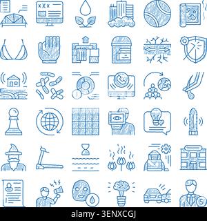 Set di icone blu disegnate a mano che raffigurano vari concetti, tra cui strategia aziendale, sanità, tecnologia, natura, finanza, e istruzione, cr Illustrazione Vettoriale