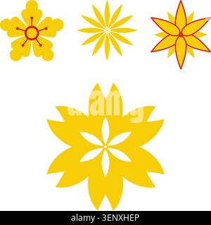 Quattro elementi decorativi in fiore stilizzati appaiono in una tavolozza di colori giallo e rosso brillante, offrendo risorse di design versatili per vari creativi Illustrazione Vettoriale