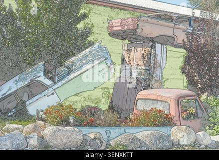 Le vecchie automobili spazzatura impilate in alto a forma di torre, bloccate nel terreno sono i resti di un uso passato. Gli pneumatici sono spariti. Le finestre sono fuori uso. Display artistico a colori. Foto Stock
