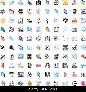 Set di disegni isometrici e line art assortiti che illustrano un'ampia gamma di argomenti, dalla tecnologia e dal business alla salute. Ambiente. E socia Illustrazione Vettoriale
