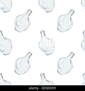 Motivo ad acquerello senza cuciture con vasi in vetro trasparente, illustrazione disegnata a mano su sfondo bianco. Per cancelleria, interior design, laboratorio, stampa tessile per cucina, negozi di fiori Foto Stock