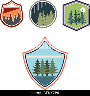 Collezione di distintivi naturali stilizzati con pini, montagne e paesaggi astratti all'aperto, ideali per branding, etichette o temi di avventura Illustrazione Vettoriale