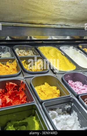 Vassoi di gelato con un vivace assortimento di cucchiai in vari gusti, che offrono una delizia rinfrescante e dolce in un armadietto refrigerato, appeali Foto Stock