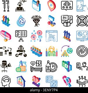 Diverse icone isometriche che illustrano vari concetti di vita umana, attività, salute, tempo libero e tecnologia, raffigurazione di situazioni diverse e di Illustrazione Vettoriale
