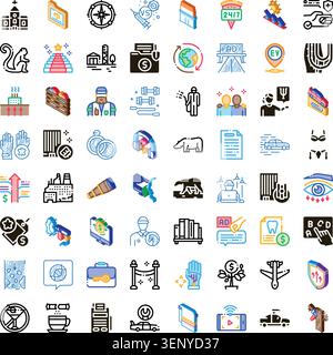 Una raccolta diversificata di icone di business in stile doodle isometrico e lineare che visualizzano un'ampia gamma di servizi, settori, finanza, tecnologia e a generali Illustrazione Vettoriale