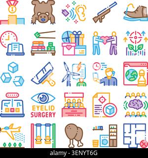 Set di icone colorate che illustrano diversi argomenti come procedure chirurgiche, donazioni di regali, energie rinnovabili, marketing mirato, lavoro di squadra, e varie vigilia Illustrazione Vettoriale
