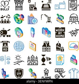 Ampia serie di icone di linea diverse che illustrano vari concetti, tra cui operazioni aziendali, sfide globali, tecnologia, benessere personale e s Illustrazione Vettoriale