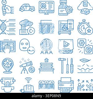 Griglia di icone di schizzo disegnate a mano in una linea blu che rappresenta servizi e industrie, riparazione, sanità, tecnologia, business, produzione, securi Illustrazione Vettoriale
