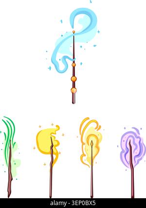 Cinque bacchette magiche stilizzate con combinazioni di colori ed effetti unici, che generano energia mistica e illuminano la luce, ideali per la fantasia e la magia Illustrazione Vettoriale