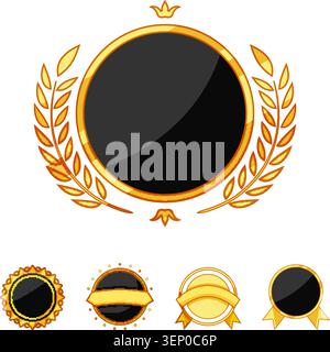 Collezione di badge Golden Award e emblemi vuoti dalle forme eleganti con corone d'alloro, nastri, corone e finiture metalliche lucide per etichette di alta qualità Illustrazione Vettoriale