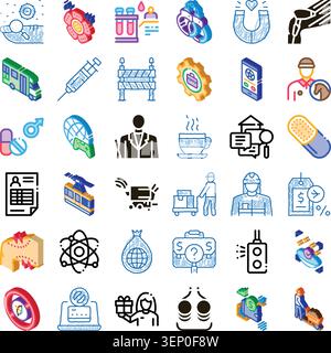 Serie di attività isometriche, sanitarie, logistiche, finanziarie, tecnologiche, e icone della scienza che offrono vari simboli e concetti professionali Illustrazione Vettoriale
