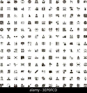 Collezione completa di diverse icone nere che rappresentano business, tecnologia, finanza, salute, comunicazione, natura, e varie altre conc Illustrazione Vettoriale