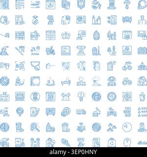 Ampia collezione di diverse icone e schizzi monocromatici disegnati a mano per attività commerciali, tecnologia, scienza, medicina, natura, cibo, strumenti, com Illustrazione Vettoriale