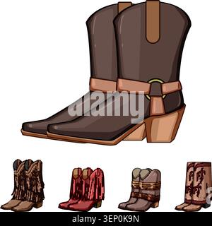 Diversi stivali da cowgirl in vari stili e pelle marrone materialsclassica, con frange e ricamate, che decorano rustico e tradizionale ele country Illustrazione Vettoriale