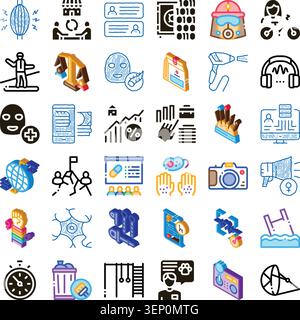 Set di icone isometriche e doodle colorate che raffigurano diverse attività e concetti umani tra lavoro, sport, salute, arte, scienza, tecnologia, Illustrazione Vettoriale