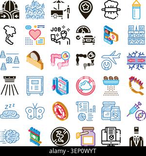 Set di icone di glifi, linee e isometriche assortite che illustrano una varietà di temi, tra cui stile di vita, affari, viaggi, medicina e concetti alimentari in Illustrazione Vettoriale