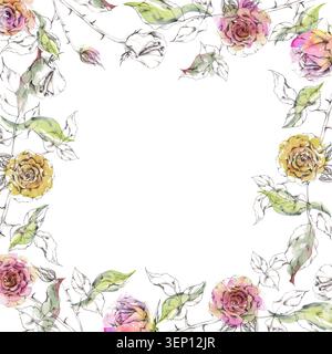 Fiori di rosa disegnati a mano, foglie di gardenia. Illustrazione isolata disegnata a mano con macchie di acquerello e linee di schizzo morbide. Romantico elemento floreale Foto Stock