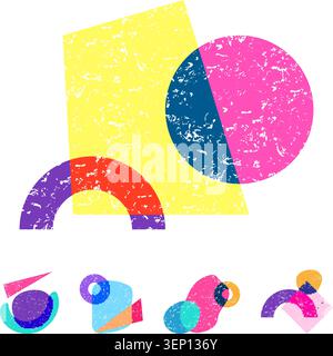 Forme geometriche astratte con colori vivaci e un effetto di stampa testurizzato che crea composizioni dinamiche e grafica retrò, adatte per varie applicazioni Illustrazione Vettoriale