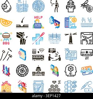 Raccolta diversificata di icone isometriche e di linea che rappresentano vari concetti, tra cui scienza, affari, salute, viaggi, tecnologia, istruzione e. Illustrazione Vettoriale