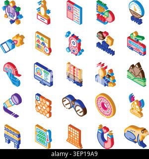 Raccolta diversificata di icone vettoriali isometriche che illustrano vari concetti, tra cui business, tecnologia, finanza, salute, tempo libero, e temi sociali Illustrazione Vettoriale