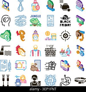 Icone che rappresentano concetti quali salute, medicina, shopping, viaggi, affari, sport, stile di vita, hobby e tecnologia, che formano un ambiente visivo diversificato Illustrazione Vettoriale