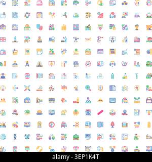 Varietà di simboli e pittogrammi colorati di line art che rappresentano diversi settori, industria, salute, tecnologia e temi generali, organizzato in un co Illustrazione Vettoriale