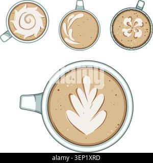 Quattro diverse tazze di caffè con vari motivi realizzati con schiuma di latte, che dimostrano la competenza nella preparazione delle bevande e nella presentazione artistica Illustrazione Vettoriale