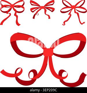 Collezione di fiocco e fiocco rosso, caratterizzata da vari design e stili, che creano un vivace elemento decorativo per regali, celebrazioni e occasioni speciali Illustrazione Vettoriale